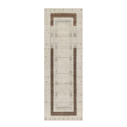 Pale Ivory with Brown, Lori Buft Gabbeh with Small Animal Figurines, Modern Striae Design, Thick and Plush, Soft Pile, Luxurious Wool, Hand Knotted, Runner, Oriental 