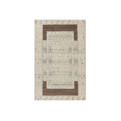 Parchment White with Brown, Lush and Plush, Lori Buft Gabbeh with Small Animal Figurines, Modern Striae Design, Soft Pile, Pure Wool, Hand Knotted, Mat, Oriental 