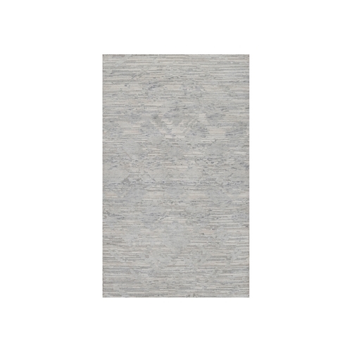 Light Gray, Hand Knotted, Cut and Loop Pile, Modern Design, Hand Spun Undyed Natural Wool, Oriental Rug