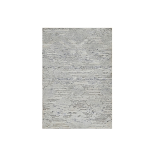 Pastel Gray, Cut and Loop Pile, Modern Design, Hand Spun Undyed Natural Wool, Hand Knotted, Mat, Oriental Rug