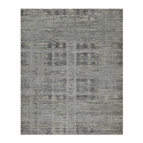 Nevada Gray, Modern Criss Cross Erased Design, Hand Spun Undyed Natural Wool, Hand Knotted, Oriental Rug