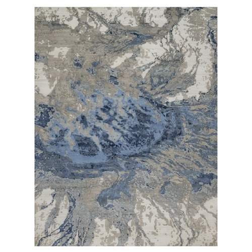 Aegean Blue with Ivory, Abstract Design, Wool and Silk, Hi-low Pile, Hand Knotted, Lush and Plush, Oriental Rug