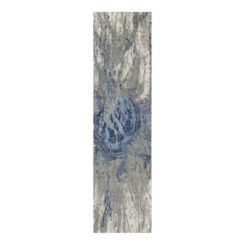 Yale Blue with Ivory, Abstract Design, Wool and Silk, Hi-low Pile, Hand Knotted, Lush and Plush, Runner, Oriental Rug