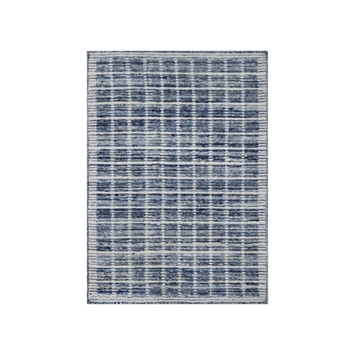 Denim Blue, Modern Plain Decor Box Design, Pure Wool, Soft to the Touch, Loomed Knotted, Mat, Oriental Rug