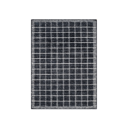 Charcoal Black, Modern, Natural Wool Box Design with Plain Decor, Loomed Knotted, Mat, Oriental 