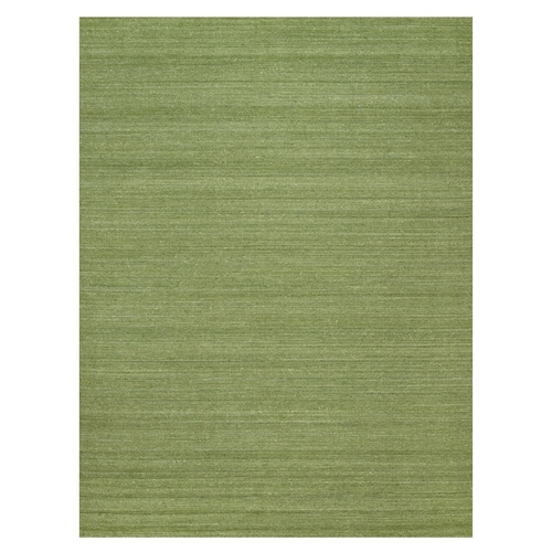 Grasshopper Green, Soft Pile, Plain Modern Striae Design, Tone on Tone, Pure Wool, Hand Loomed, Oriental Rug