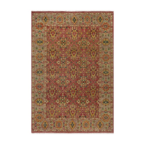 Savvy Red, Antiqued Oushak Reimagined with Repetitive Star and Rosette Design, Sheared Low, 100% Wool, Hand Knotted, Oriental Rug