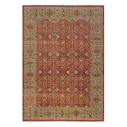 Scarlet Red, Antiqued Oushak Reimagined, Sheared Low, Pure Wool, Hand Knotted, Repetitive Star and Rosette Design, Oriental Rug