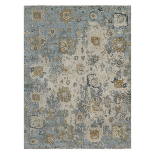 Swan White and Blue, Broken Pattern with Oushak Design, 100% Wool, Hand Knotted, Borderless, Oriental 