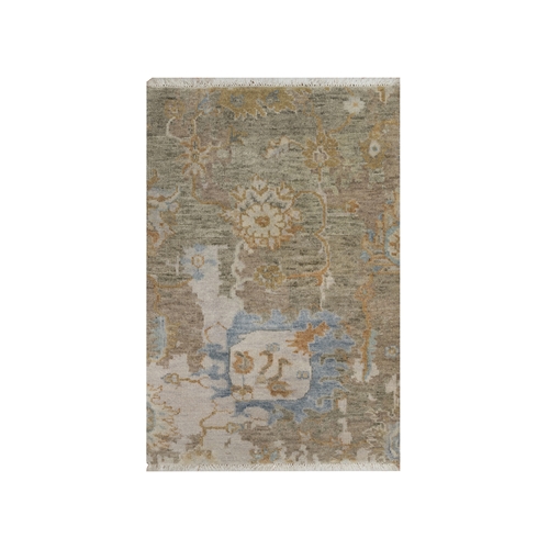 Tan Brown, Broken Pattern with Oushak Design, Borderless, Pure Wool, Hand Knotted, Mat, Sample, Oriental 