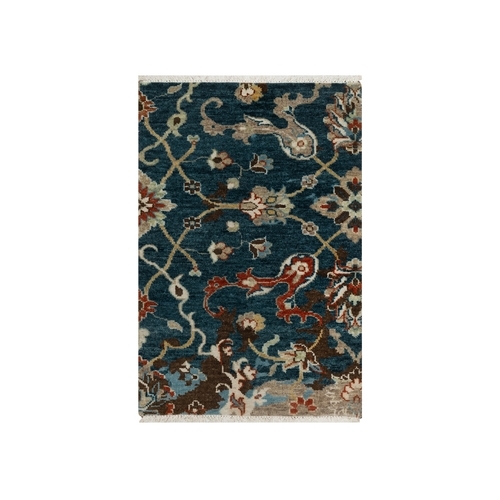 Yale Blue, Broken Pattern with Oushak Design, 100% Wool, Hand Knotted, Mat, Sample, Oriental 