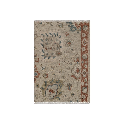 Beige, Broken Pattern with Oushak Design, Borderless, Hand Knotted, Pure Wool, Fragment, Mat, Sample, Oriental 
