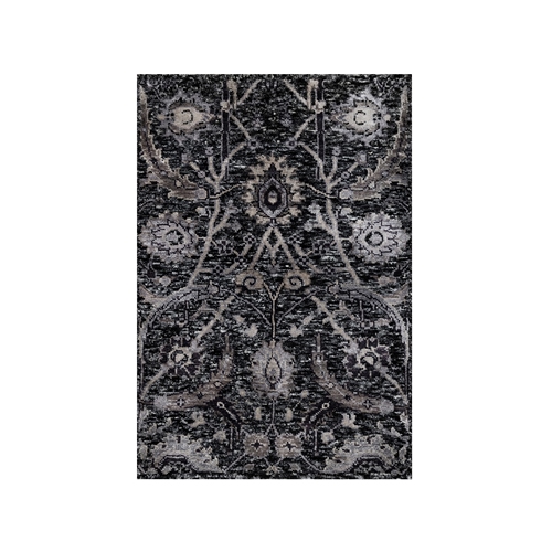 Onyx Black, Wool and Silk, Sickle Leaf Design, Soft Pile, Lush and Plush, Hand Knotted, Mat, Oriental Rug