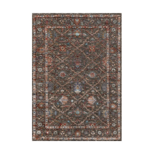 Chocolate Chip Brown, Textured Wool and Silk, Striae Pattern, Persian Scrolls Leaf and Flower Design, Hand Knotted, Oriental Rug