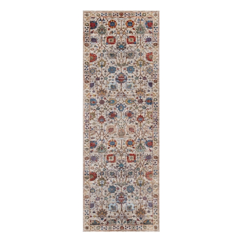 Alabaster White, Tabriz Vase with Colorful Flower Design, Silk with Textured Wool, Hand Knotted, Denser Weave, Lush and Plush, Runner, Oriental Rug