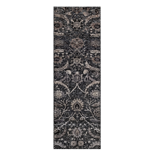 Obsidian Black, Sickle Leaf Design, Soft Pile, Lush and Plush, Wool and Silk, Hand Knotted, Runner, Oriental Rug