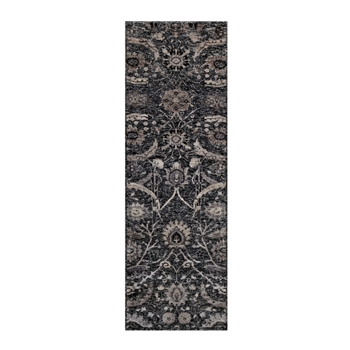 Charcoal Black, Sickle Leaf Design, Hand Knotted, Soft Pile, Lush and Plush, Wool and Silk, Runner, Oriental Rug