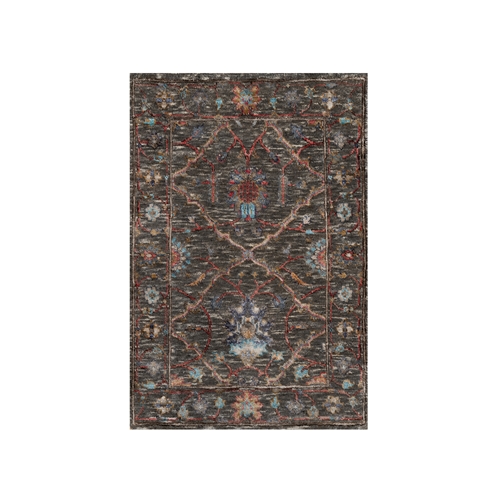 Falcon Brown, Hand Knotted, Persian Scrolls Leaf and Flower Design, Striae Pattern, Textured Wool and Silk, Mat, Oriental Rug