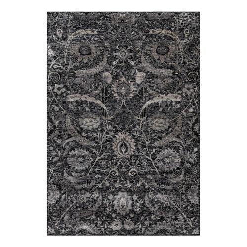 Obsidian Black, Wool and Silk, Hand Knotted, Sickle Leaf Design, Soft Pile, Lush and Plush, Oriental Rug