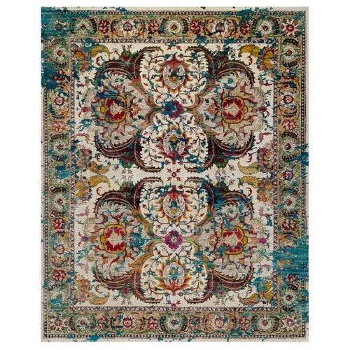 Seashell White with Pop Of Colors, Broken Persian Design, Hand Knotted, Wool and Pure Silk, Soft to the Touch, Oriental Rug