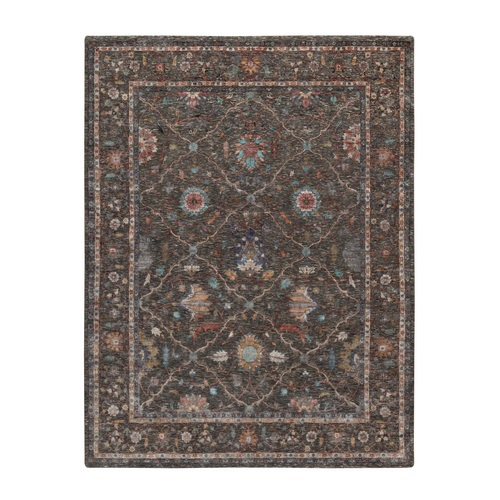 Coffee Brown, Hand Knotted, Striae Pattern, Persian Scrolls Leaf and Flower Design, Textured Wool and Silk, Oriental Rug