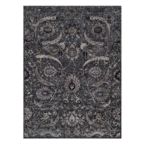 Onyx Black, Soft Pile, Sickle Leaf Design, Lush and Plush, Hand Knotted, Wool and Silk, Oriental 