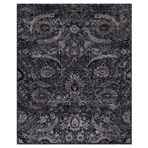 Phantom Black, Lush and Plush, Hand Knotted, Sickle Leaf Design, Soft Pile, Wool and Silk, Oriental Rug