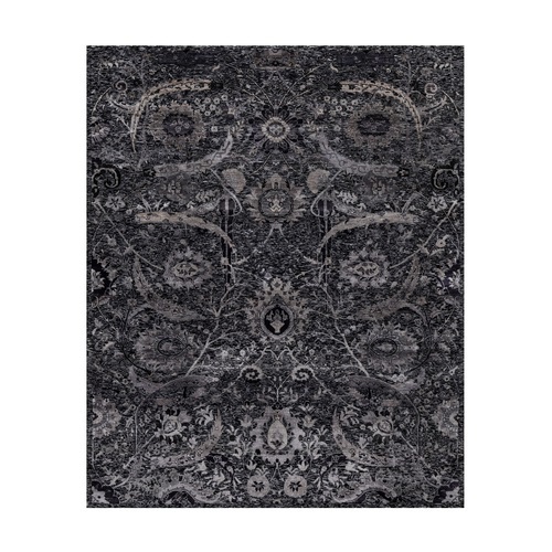 Jade Black, Wool and Silk, Sickle Leaf Design, Soft Pile, Lush and Plush, Hand Knotted, Oriental 