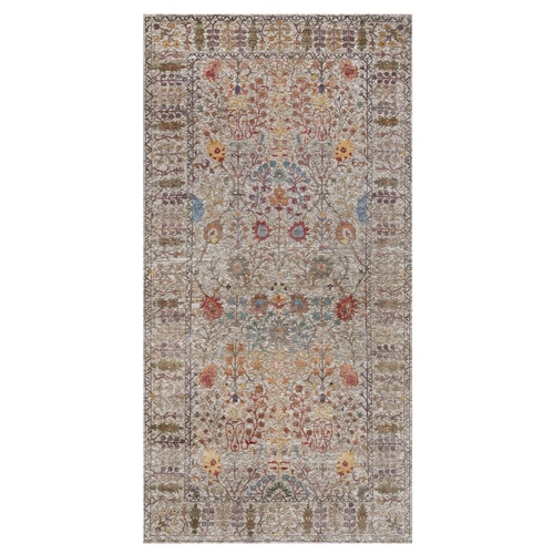 Powder White with Brown, Silk with Textured Wool, Hand Knotted, Directional Vase Design, Gallery Size Wide Runner, Oriental 