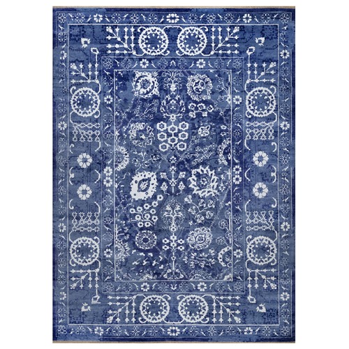 Yale Blue, Tabriz with All Over Leaf Motifs, Hand Knotted, Tone on Tone, Wool and Silk, Oriental Rug