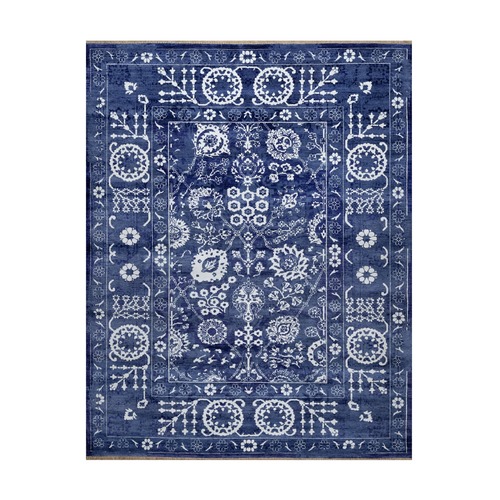 Aegean Blue with Ivory, Tone on Tone, Tabriz with All Over Leaf Design, Hand Knotted, Wool and Silk, Oriental Rug