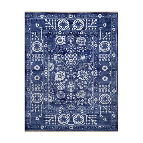 Nova Blue, Tone on Tone, Tabriz with All Over Leaf Motifs, Thick and Plush, Wool and Silk, Hand Knotted, Oriental Rug