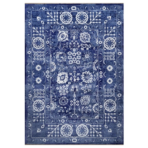 Bijou Blue, Tone on Tone, Tabriz with All Over Leaf Design, Hand Knotted, Lush and Plush, Wool and Silk, Oriental Rug