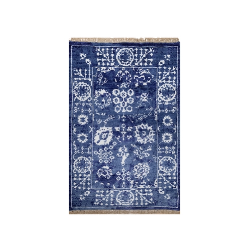 Denim Blue, Wool and Silk, Hand Knotted, Tabriz with All Over Leaf Motifs, Mat, Oriental 