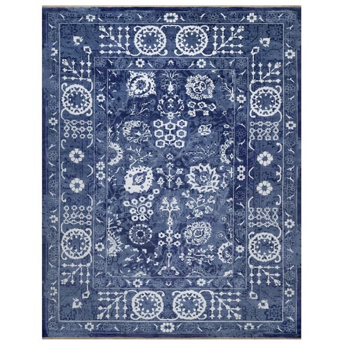 Nova Blue with Ivory, Hand Knotted, Tone on Tone, Tabriz with All Over Leaf Motif, Wool and Silk, Oversized, Oriental 