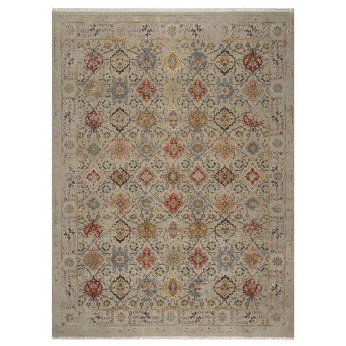 Gravel Brown, Hand Knotted, THE SUNSET ROSETTES with Soft Color Palette, Wool and Pure Silk, Oriental Rug