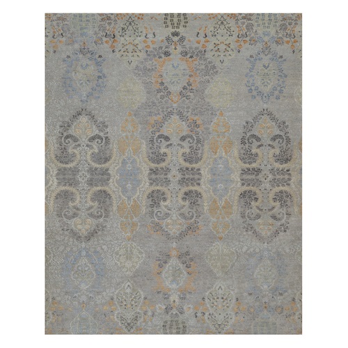 Medium Gray, Jewelry Design, Wool with Textured Silk, Tone on Tone, Transitional, Hand Knotted, Oriental 