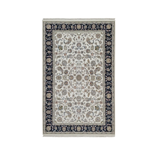 Swan White, Wool and Silk, Nain with All Over Flower Design, Soft Pile, 250 KPSI, Hand Knotted, Oriental Rug