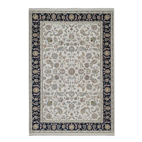 Pearl White, Nain with All Over Flower Design, Wool and Silk, Soft Pile, 250 KPSI, Hand Knotted, Oriental Rug