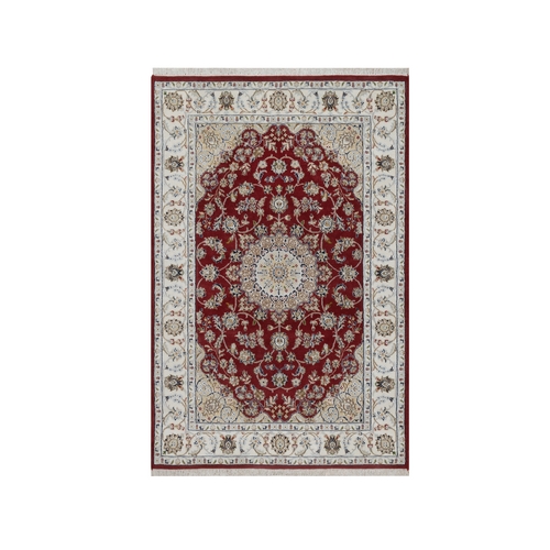 Currant Red, Nain with Flower Medallion Design, Hand Knotted, Wool and Silk, 250 KPSI, Soft Pile, Oriental Rug