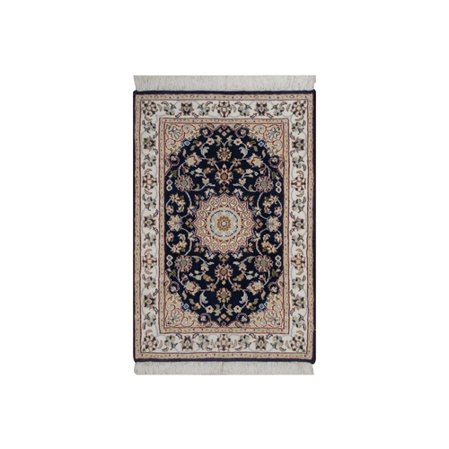 Pageant Blue, Nain with Flower Medallion Design, Wool and Silk, Soft Pile, 250 KPSI, Hand Knotted, Mat, Sample, Oriental 