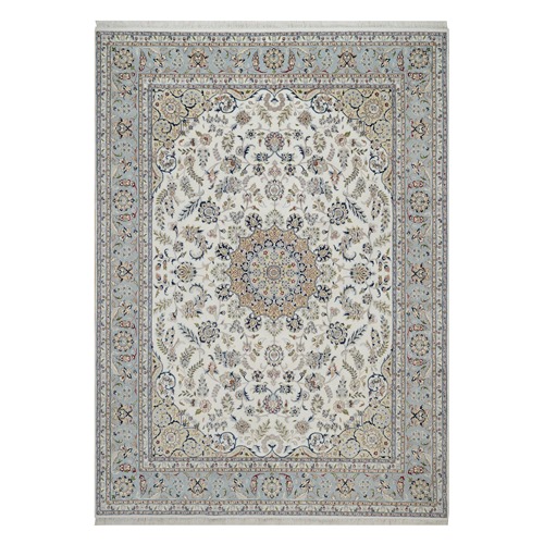 Whisper White, Wool and Silk, Nain with Flower Medallion Design, 250 KPSI, Soft Pile, Hand Knotted, Oriental Rug