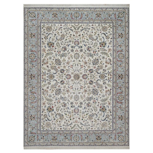 Pristine White, Hand Knotted, Nain with All Over Flower Design, 250 KPSI, Wool and Silk, Soft Pile, Oriental Rug
