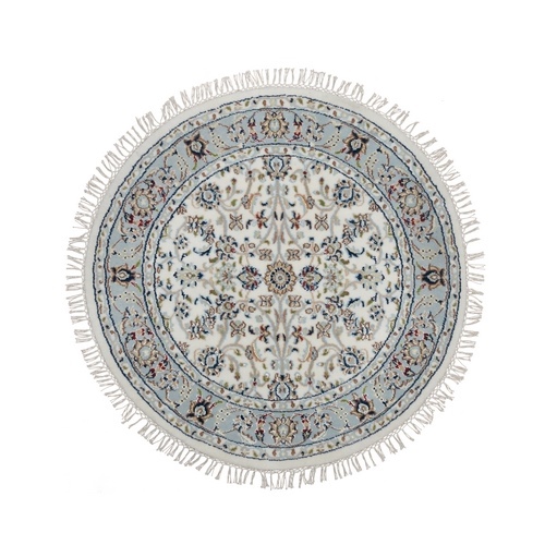 Pristine White, Nain with All Over Flower Design, 250 KPSI, Wool and Silk, Hand Knotted, Soft Pile, Round, Oriental 