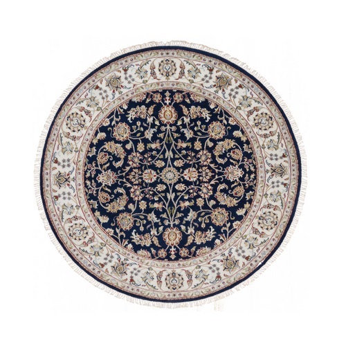 Caviar Blue, Nain with All Over Floral Pattern, Wool and Silk, 250 KPSI, Soft Pile, Hand Knotted, Round, Oriental 