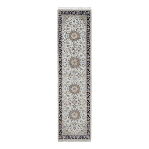Daisy White, Nain with Flower Medallion Design, 250 KPSI, Soft Pile, Wool and Silk, Hand Knotted, Runner, Oriental Rug