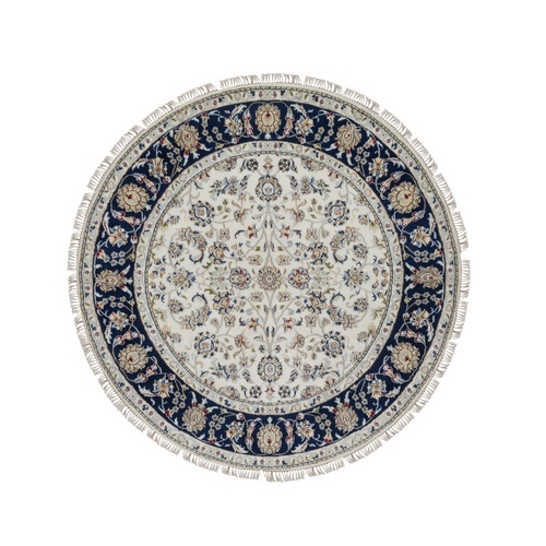 Pristine White, Wool and Silk, Nain with All Over Floral Pattern, Soft Pile, 250 KPSI, Hand Knotted, Round, Oriental 