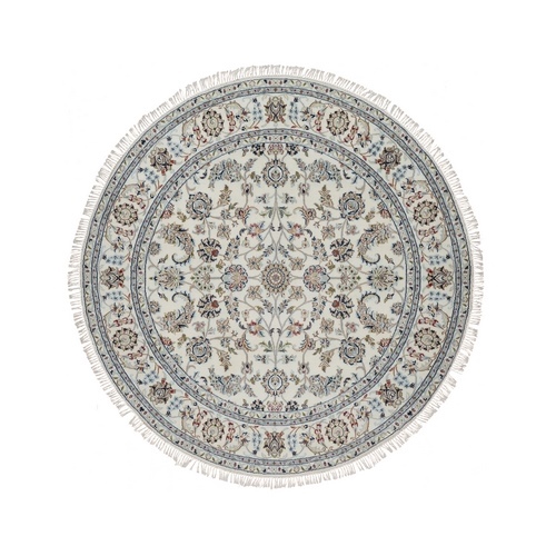 Alabaster White, Hand Knotted, Nain with All Over Flower Pattern, Wool and Silk, Soft Pile, 250 KPSI, Round, Oriental 