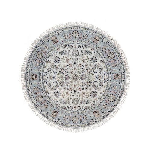 Vista White, Wool and Silk, Nain with All Over Flower Design, 250 KPSI, Hand Knotted, Soft Pile, Round, Oriental Rug