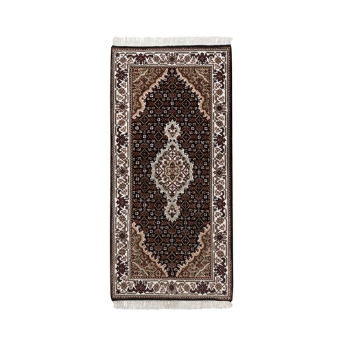 Phantom Black, Tabriz Mahi with Fish Medallion Design, 100% Wool, 175 KPSI, Hand Knotted, Mat, Sample, Oriental Rug
